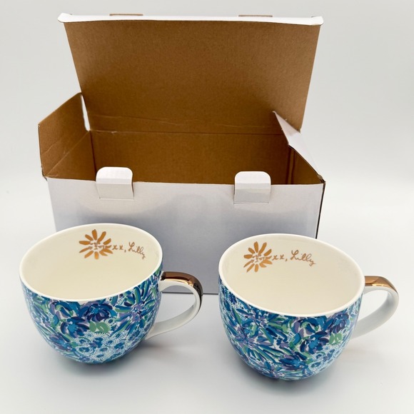 Lilly Pulitzer Ceramic Mugs Set of 2 Blue Floral Paisley Gold Handles 12oz NEW - Picture 11 of 16